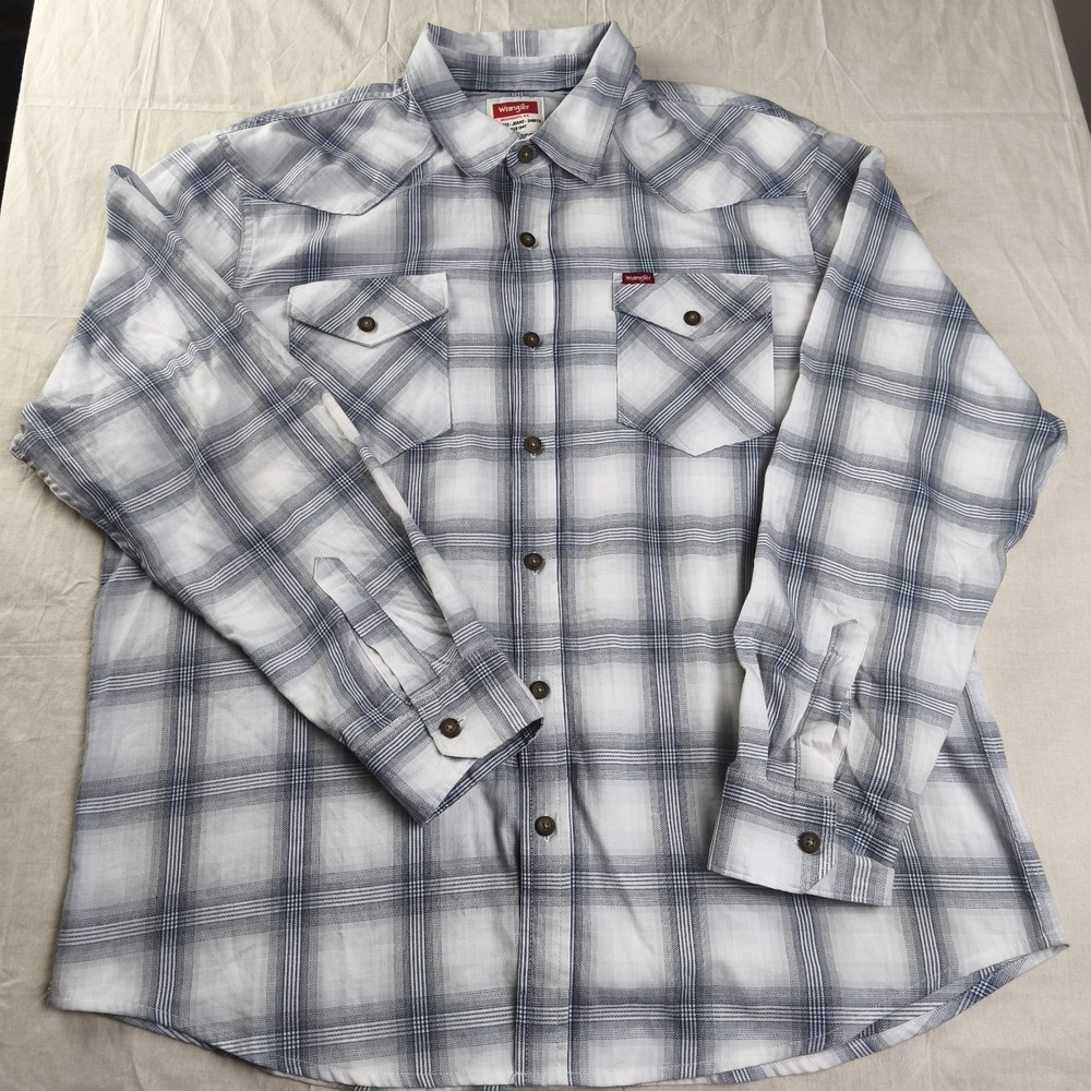 Wrangler Plaid Button Up Shirt XL Gray Western Style Long Sleeve Casual